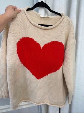 Hayden Cream Crewneck Sweater with Red Heart